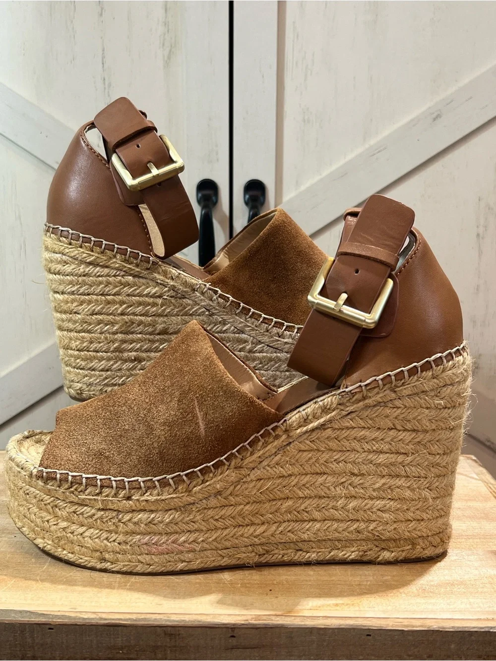 Marc Fisher Adalyn Brown Suede Leather Espadrille Platform Wedges Womens Sz 9